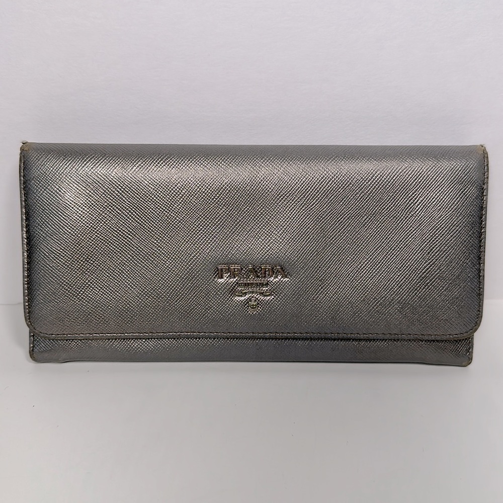 Authentic PRADA Large Saffiano Leather Wallet- Silver - Picture 1 of 16